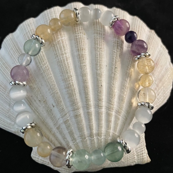 Fight Cancer With Fluorite, Citrine, Selenite, Beaded Stretch Bracelet - Picture 3 of 4